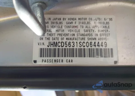 1995 Honda Accord Lx from USA, damaged, VIN JHMCD5631SC064449